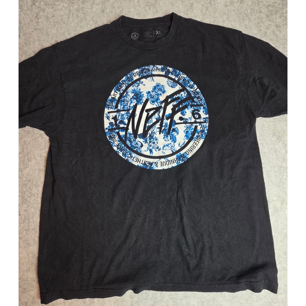 Neff Mens Graphic T-Shirt XL Black Blue Floral Circle Logo Streetwear Cotton